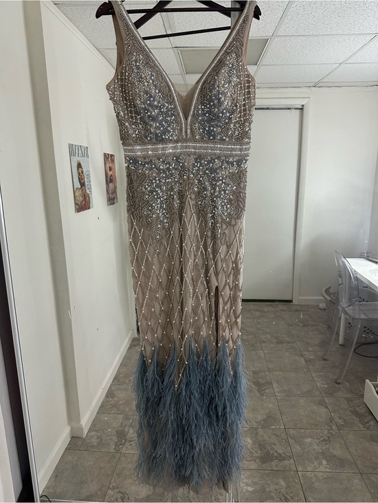 Jovani Dresses & Skirts - Jovani Beaded V-Neck Evening Gown in Nude and Dusty Blue Feather Trim